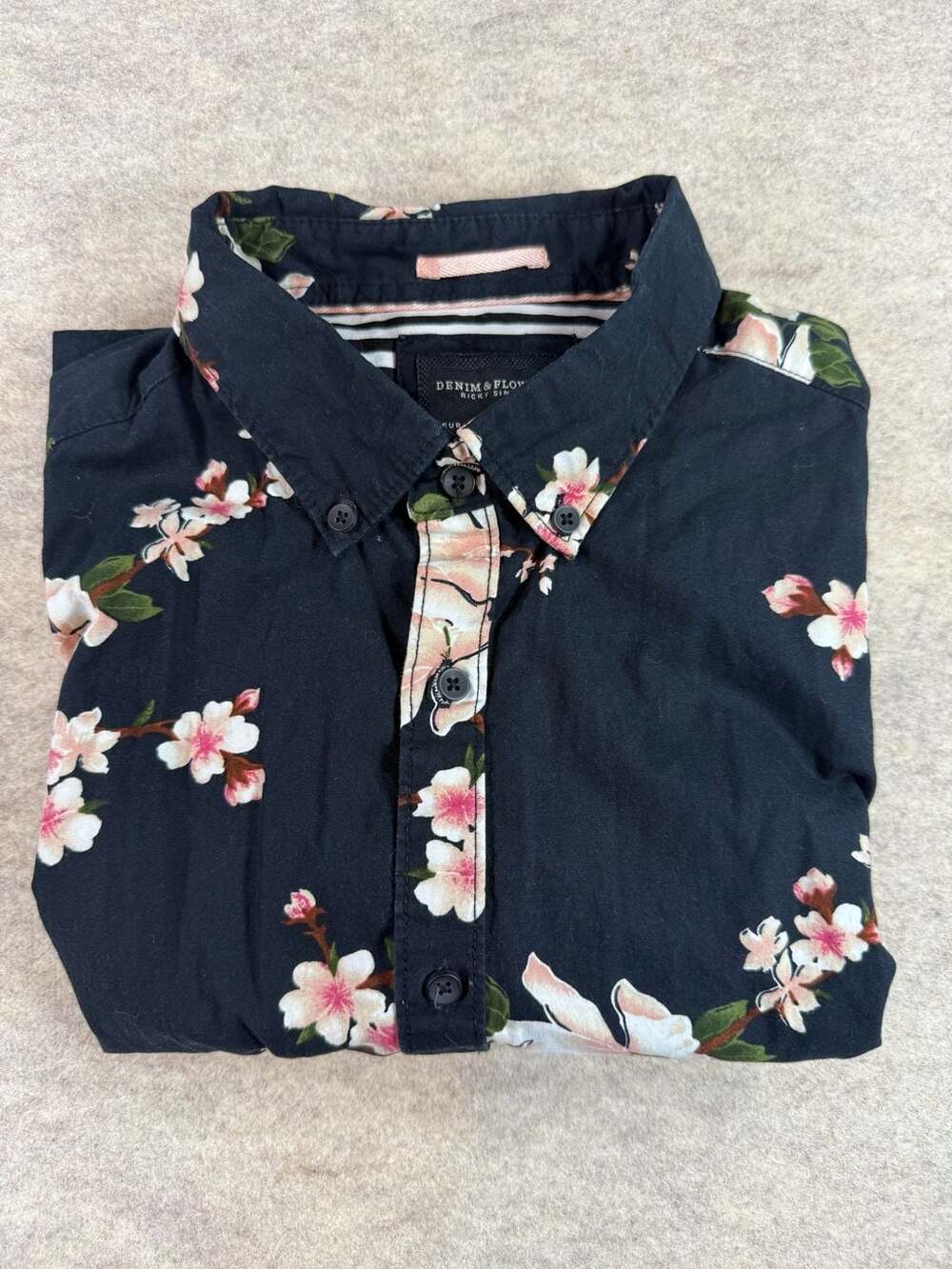 Denim & Flower Ricky Singh Mens L Black Cherry Blossom Floral Shirt SS Cotton